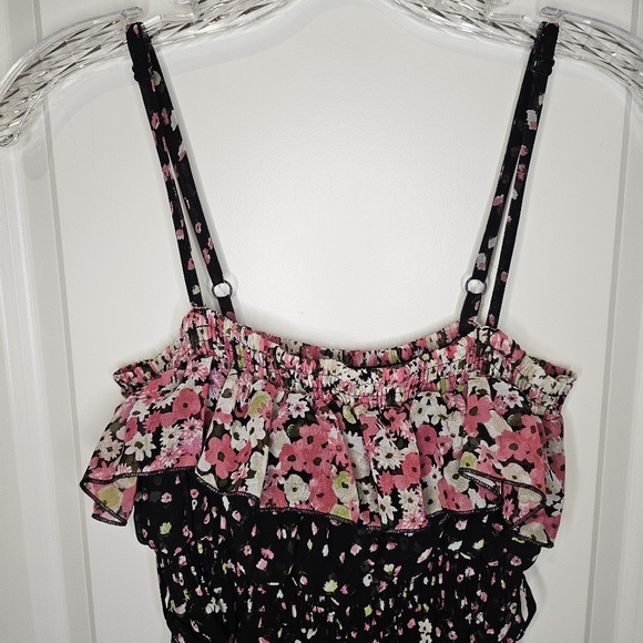 Floral Black Spaghetti Strap Ruffle Top Belted Stretch Waist Maxi Dress Size M - Picture 2 of 12